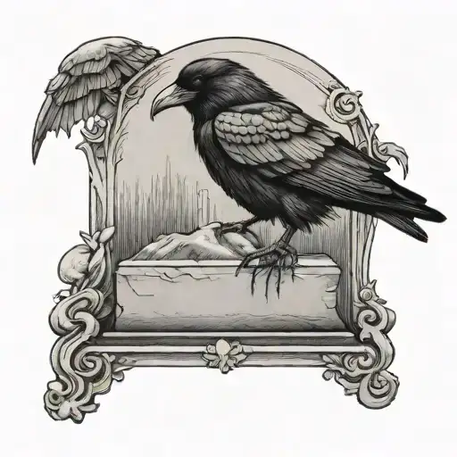 crow sitting on gravestone with from the womb to the tomb tattoo design idea