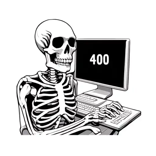 Create a tattoo sketch of a skeleton working at a PC. The monitor should display the error "400". black and white  tattoo design idea