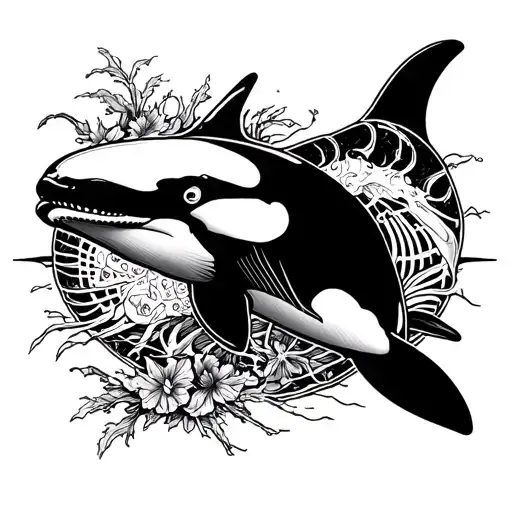 killer whale, half skeleton half alive half dead tattoo design idea