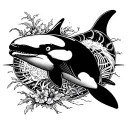 killer whale, half skeleton half alive half dead tattoo design idea
