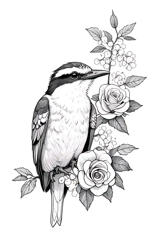 kookaburra with roses and wattle flowers forming tattoo design idea