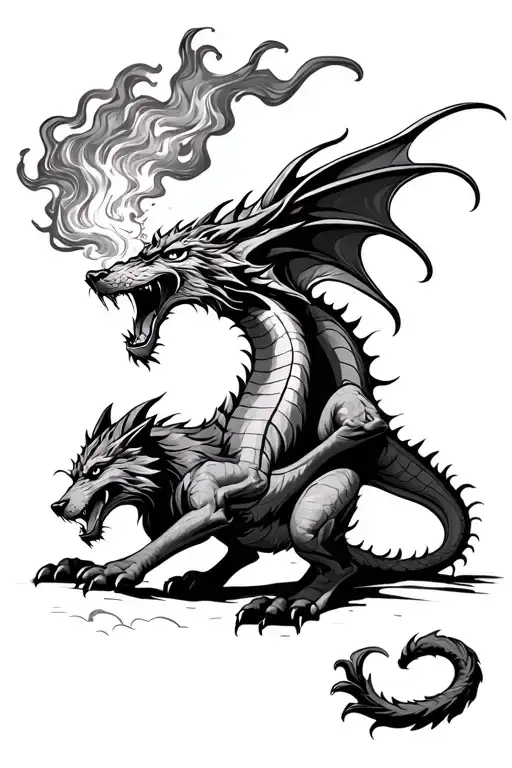welsh dragon breathing fire downwards towards a wolf that is trying to attack the dragon tattoo design idea