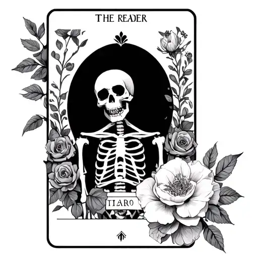 the reader tarot card skeleton with wild roses tattoo design idea