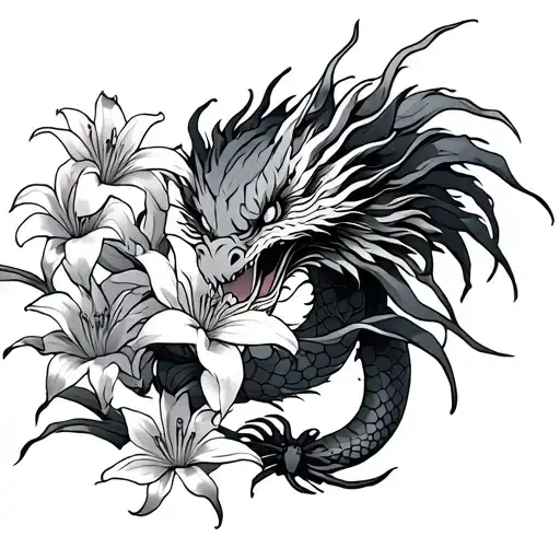 japanese dragon and spider lilys tattoo design idea