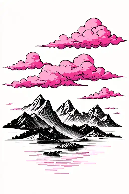 A serene landscape tattoo featuring pink clouds floating over majestic mountains, symbolizing the beauty of nature and the peacefulness of the sky tattoo design idea