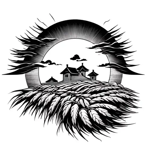 rising sun and rice crop tattoo design idea