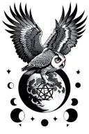 flying owl whit pentagram in claws front of moon phases tattoo design idea