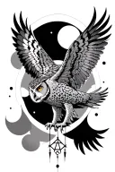 flying owl whit pentagram in claws front of moon phases tattoo design idea