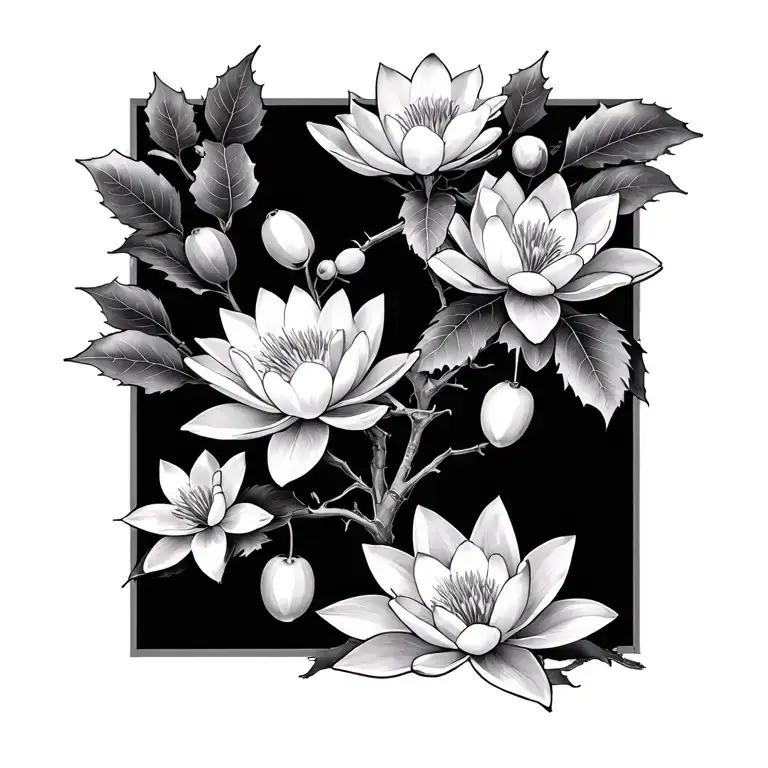 Holly Berry, water lily, cherry blossom tree tattoo design idea