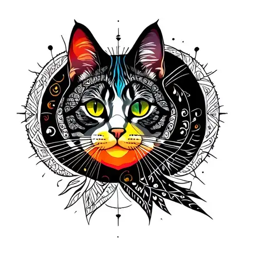 Sunset Mandala cat Music tattoo design idea