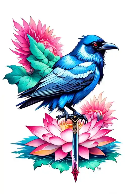 Wild crow on a lotus flower with a sword tattoo design idea