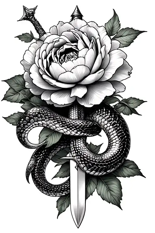 peonies, snake and dagger tattoo design idea