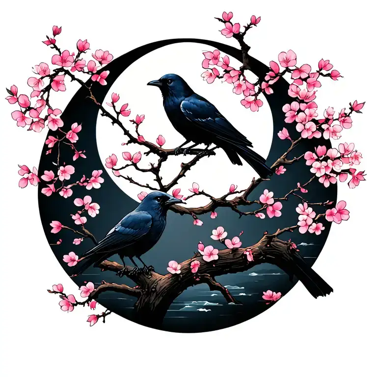 cherry blossom tree, with crows and a moon tattoo design idea