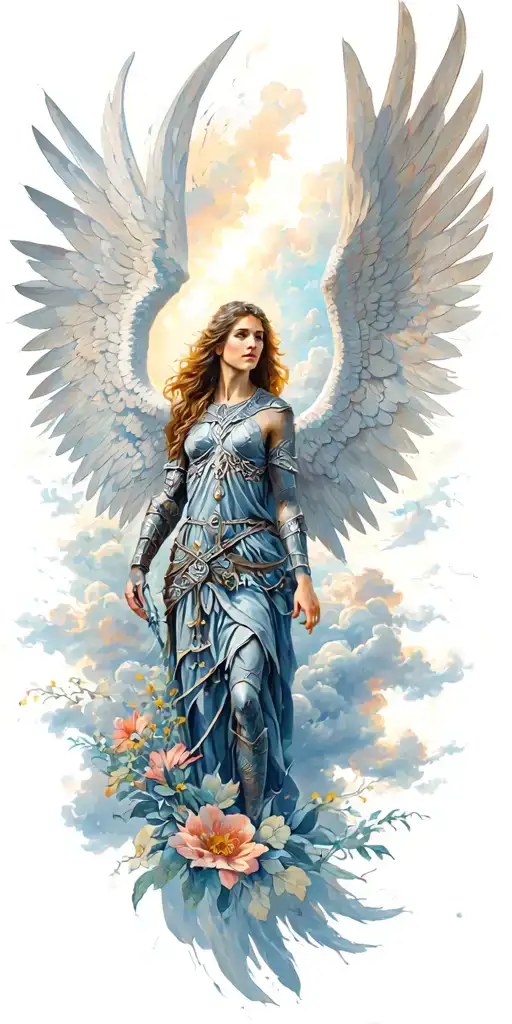 Meaningful warrior angel, Norse Valkyrie, clouds, rays, floral tattoo design idea