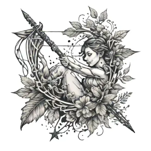 bow and arrow wrapped with leaves, 1122 inside the bow, Sagittarius constellation  tattoo design idea