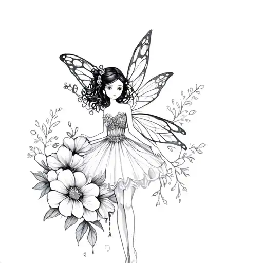 flowers big with a little black girl fairy on it tattoo design idea