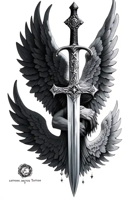 angel wing, sword tattoo, strong, powerfull meaning an gratitud, cross, tattoo design idea