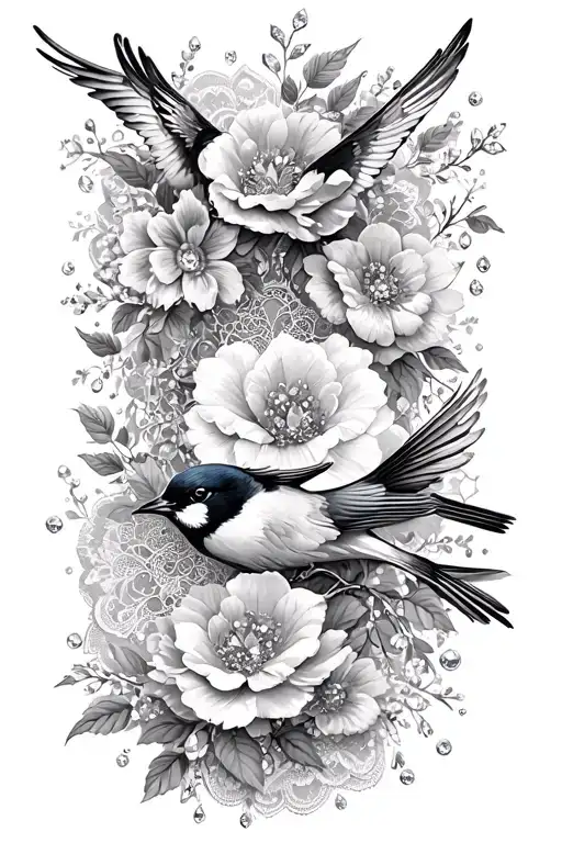 flowers and birds, lace and gems scattered throughout tattoo design idea