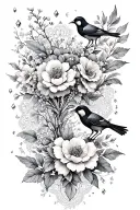flowers and birds, lace and gems scattered throughout tattoo design idea