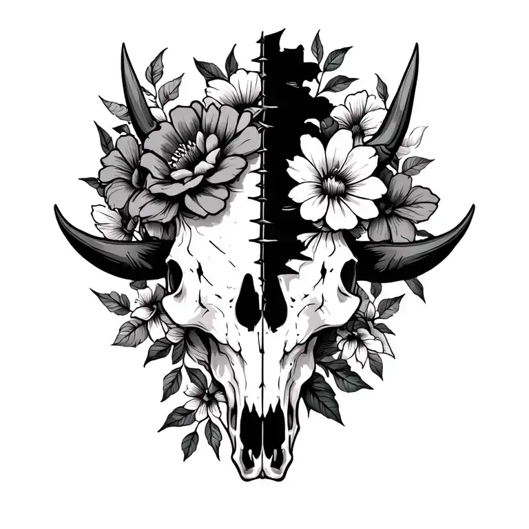 bull skull half flowers for joy and success and half barbed wire  for bad times  tattoo design idea