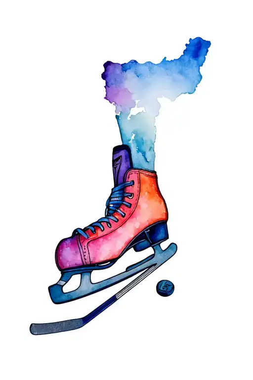 ice hockey skates, with hockey stick and puck morphing tattoo design idea