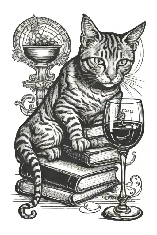 cat books and wine glass tattoo design idea