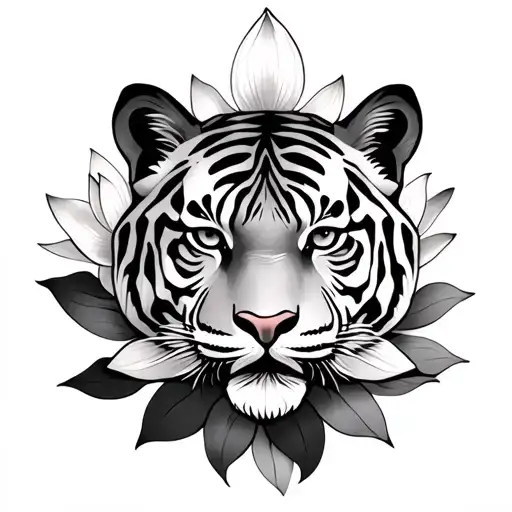 tiger face with lotus flower blooming tattoo design idea