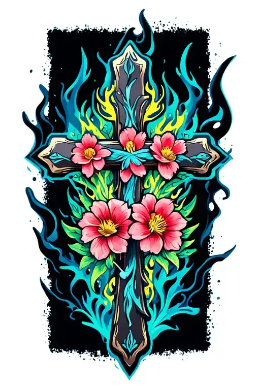Cross with flowers and flames wrapped tattoo design idea