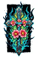Cross with flowers and flames wrapped tattoo design idea