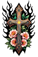 Cross with flowers and flames wrapped tattoo design idea