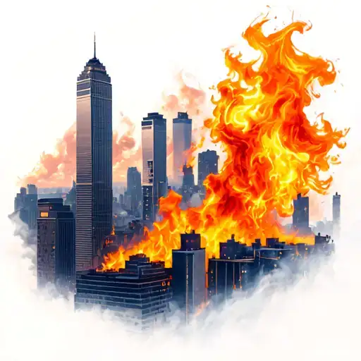 city skyline burning, orange flames, smoke tattoo design idea