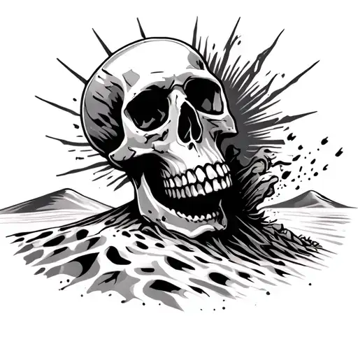 Skull disintegrating into dust, sun rays beaming from left side, sand dunes in background tattoo design idea