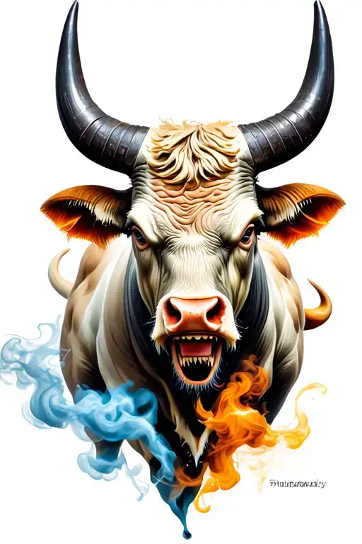 Big musculare realistic angry bull big horns nose ring and smoke tattoo design idea