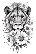 water Lillie's, roses and daisies with dandelions around female lion face tattoo design idea