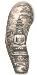 Buddhist inspired and representing someone's spiritual journey. focus on nature scenary. tattoo design idea