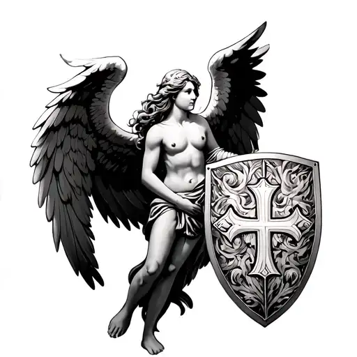 Black and gray thigh tattoo of an angel with large wings, holding a shield with a heraldic cross. medieval, sacred feel tattoo design idea