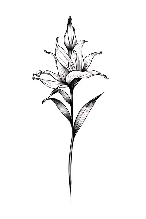 basic fine line gladiolus flower in black and white tattoo design idea