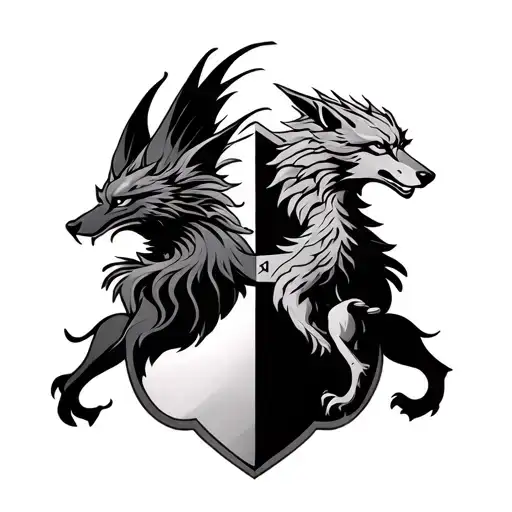 wolf, phoenix, dragon on a shield tattoo design idea