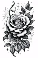 A black-grey tattoo of the enchanted rose from Beauty and the Beast surrounded by magical swirls and sparkles tattoo design idea