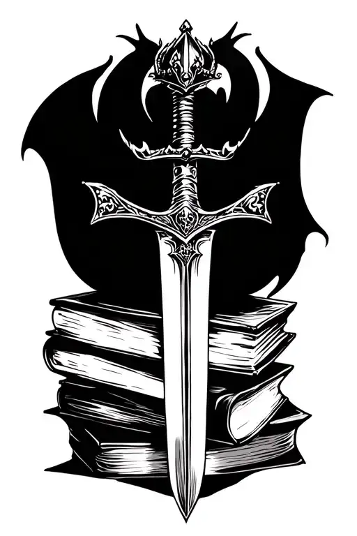feminine sword with a crown piercing a stack of books and a dragon silhouette rising from the top book which is open tattoo design idea