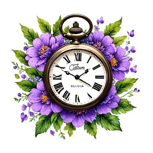 "Tatum Olivia" pocket watch clock surrounded with purple flowers blooming tattoo design idea