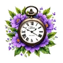 "Tatum Olivia" pocket watch clock surrounded with purple flowers blooming tattoo design idea