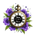 "Tatum Olivia" pocket watch clock surrounded with purple flowers blooming tattoo design idea