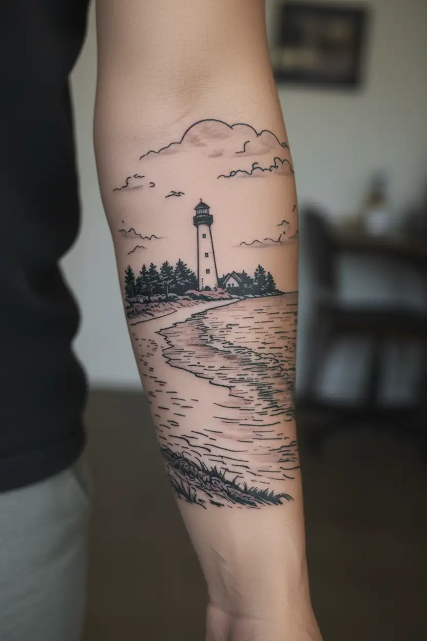 beach shoreline panorama with lighthouse tattoo design idea
