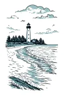 beach shoreline panorama with lighthouse tattoo design idea