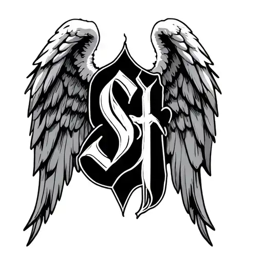 the letters S, and H in high gothic text surrounded by a pair of wounded angel wings tattoo design idea