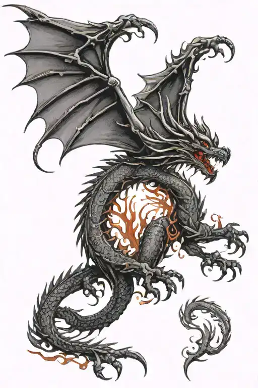 Black dragon with large outstretched wings flying  tattoo design idea