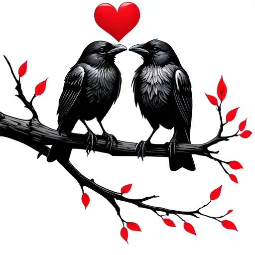two minimalist fine line crows perched on a branch with their beaks in the air holding a heart tattoo design idea
