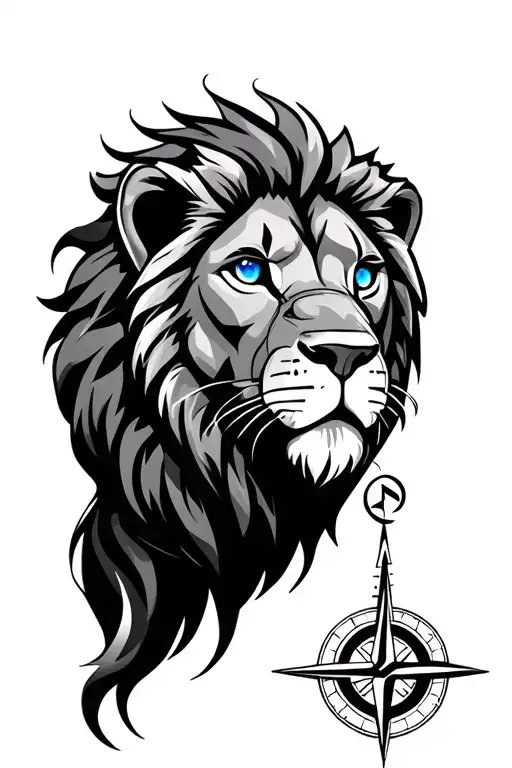 Lion with blue eyes and compass under it tattoo design idea