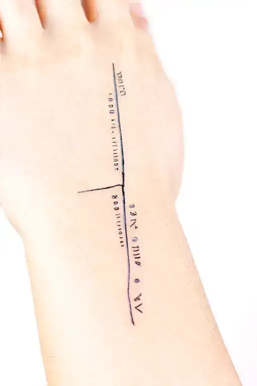 Vertical fine line tattoo with three minimalist elements. Each section includes a Roman numeral date with an Arabic name tattoo design idea